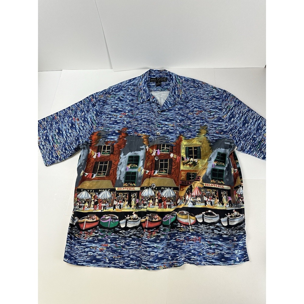 Guy Buffet 100% Silk Hawaiian Camp Shirt Italian Riviera Waterfront Men's XL